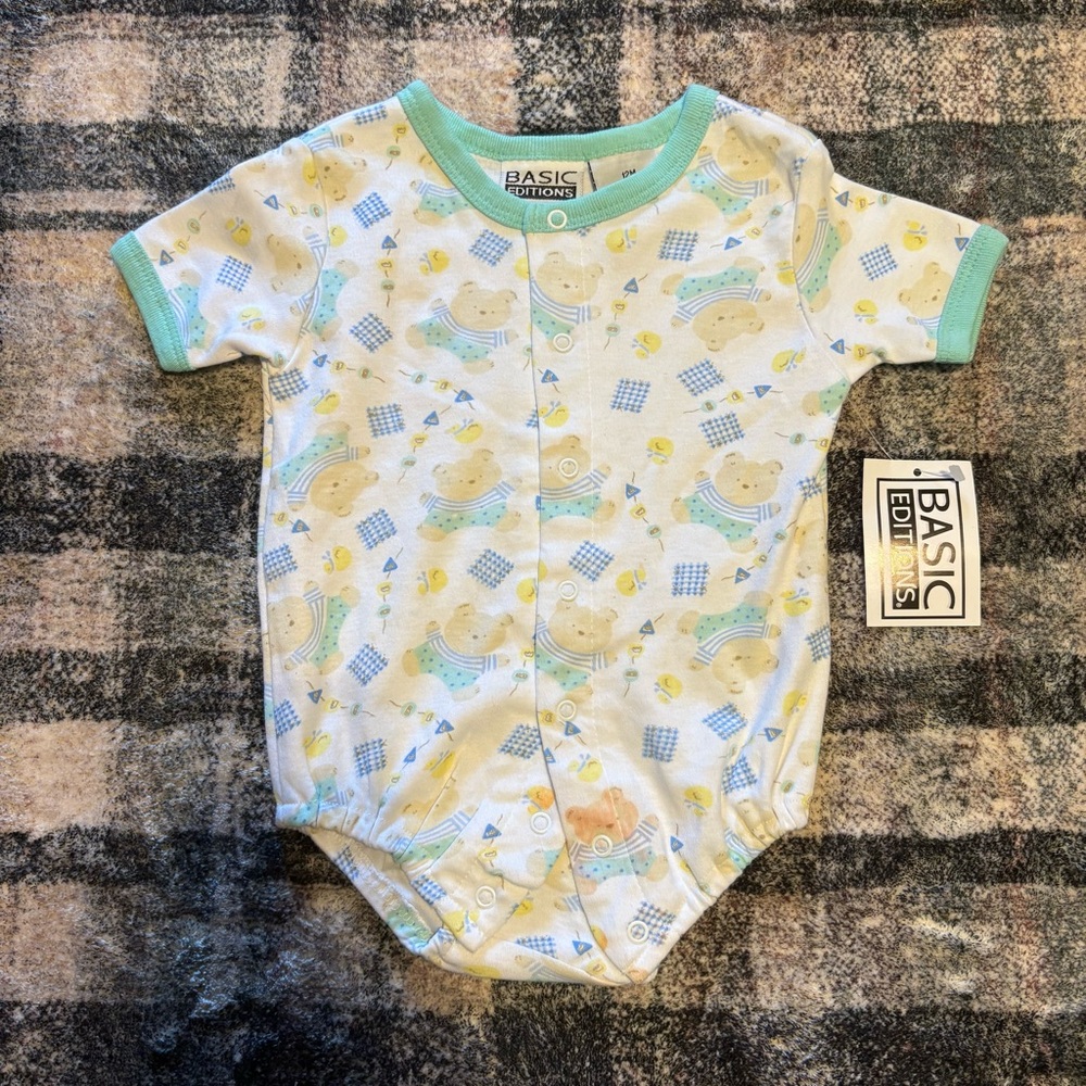 Vintage Basic Editions Baby Bodysuit - White and Blue/Green Teddy Bear Print